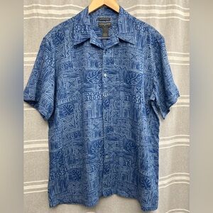 Saddlebred Linen Blend Button Down Blue Tropical Men's Shirt Hawaiian